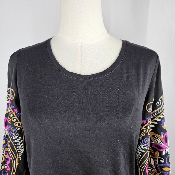 Chico's Black Embroidered Long Sleeve Top Knit Woven Size Small Boho Feminine - Picture 4 of 9